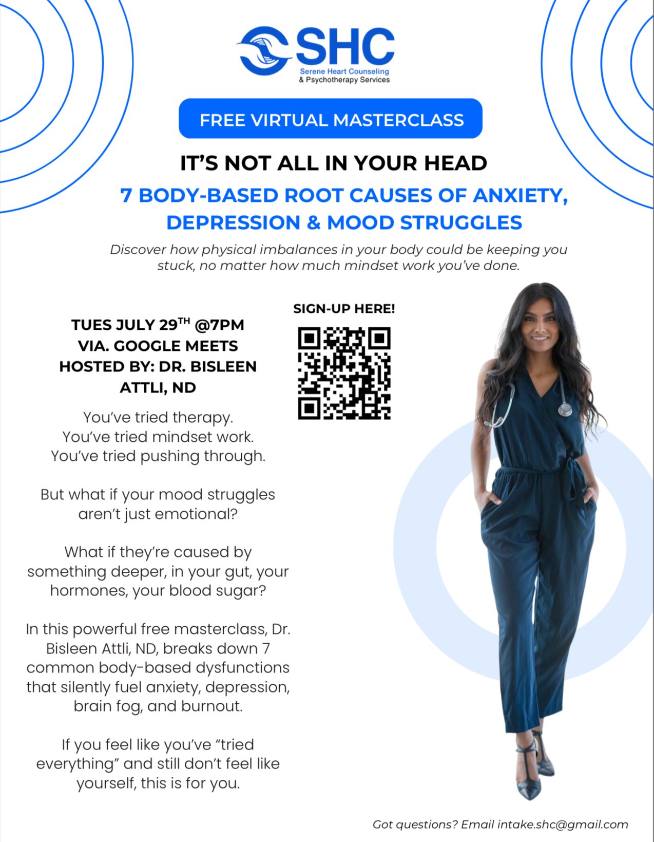 Dr. Bisleen Attli in dark blue jumpsuit standing with stethoscope, promoting virtual masterclass on anxiety and mood disorders