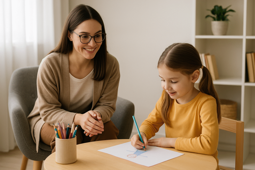 Therapist supporting a young child during CBT therapy session for anxiety in Mississauga, Milton