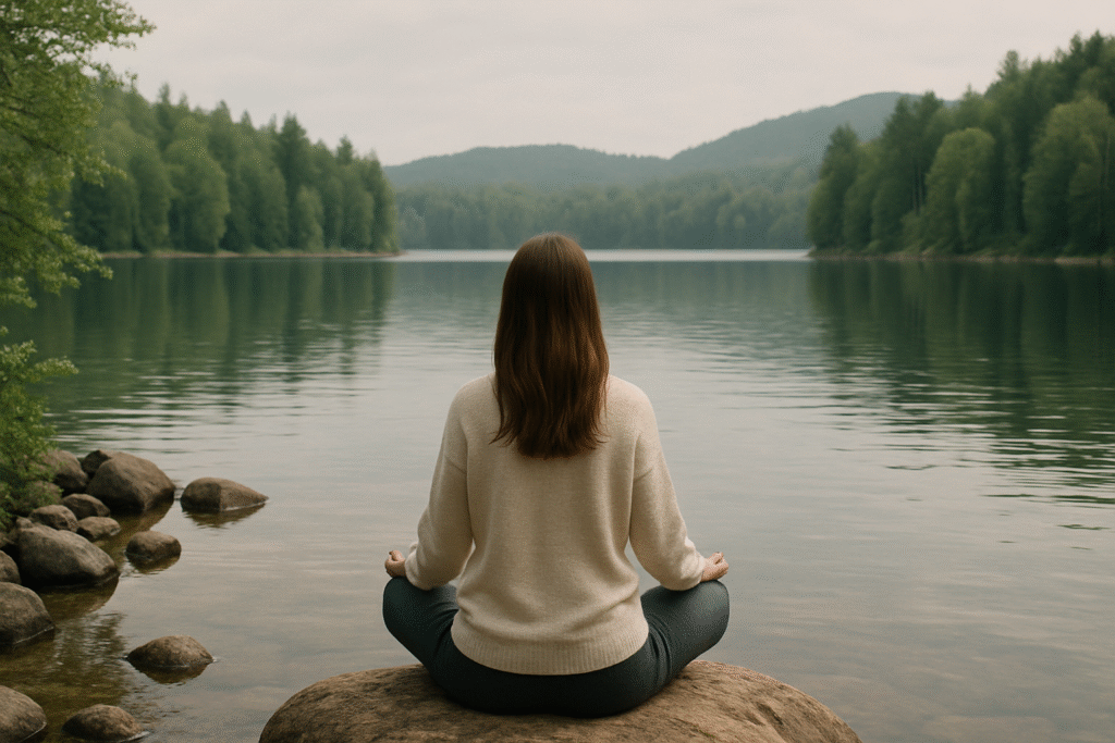 Woman sitting cross-legged on a rock by a calm forest lake, reflecting peacefully, symbolizing healing from the fawn response and emotional exhaustion.