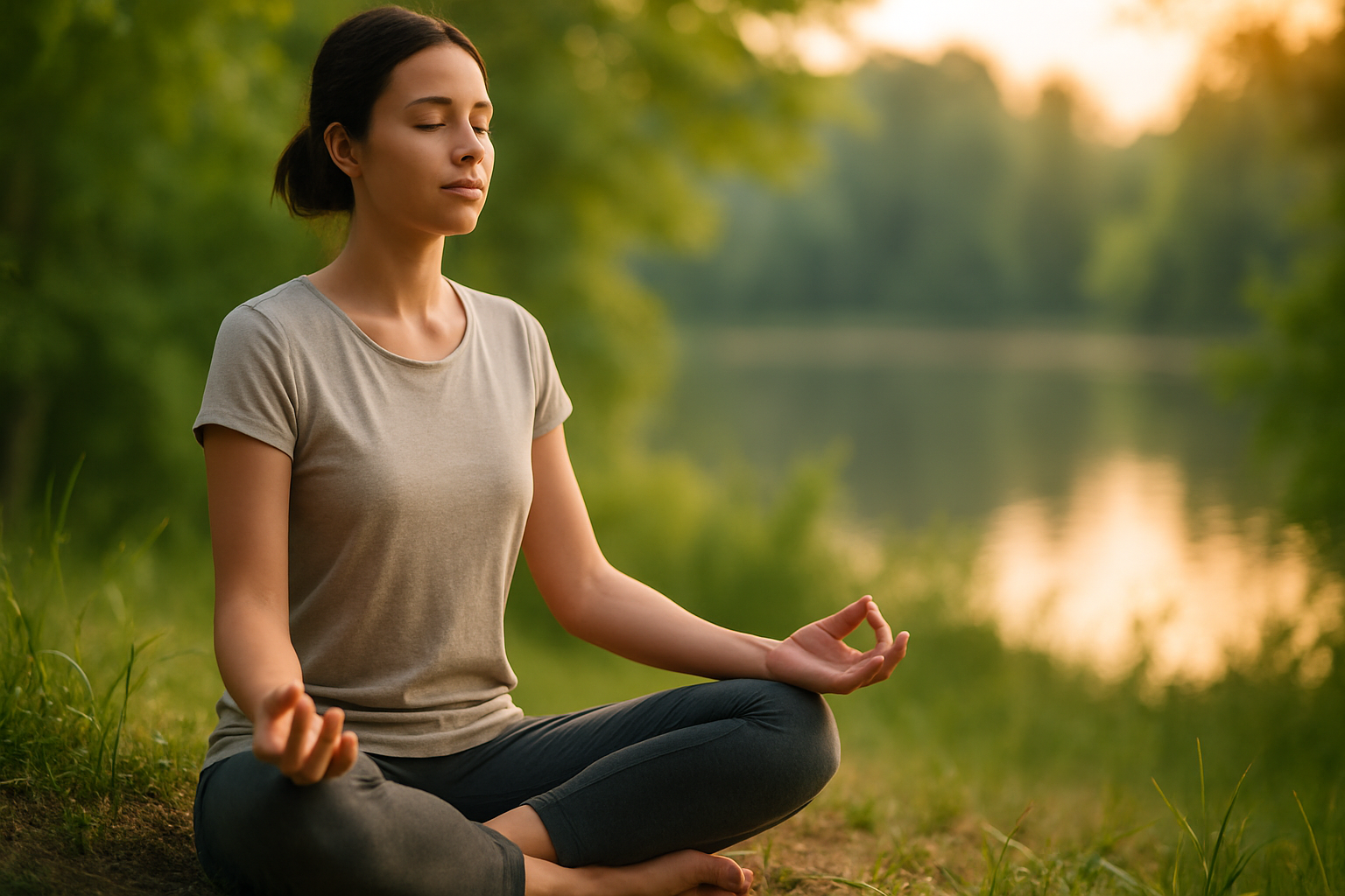 Woman meditating outdoors by a calm lake, practicing mindfulness for stress relief in Mississauga