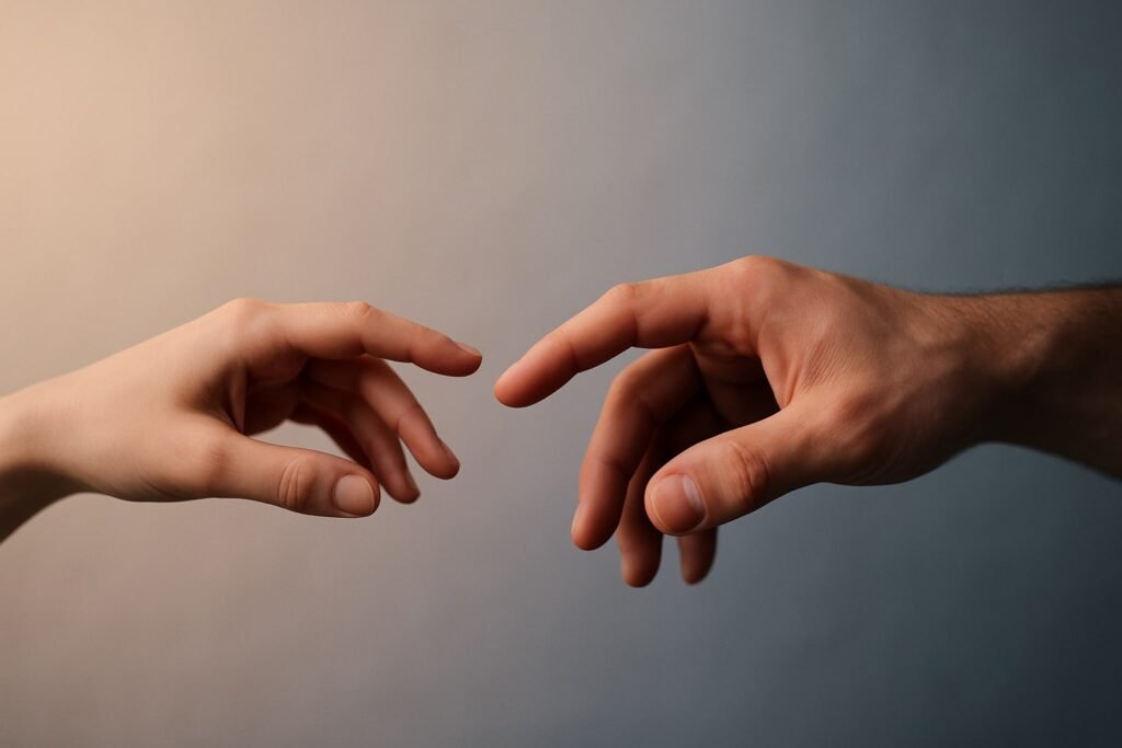 Feminine and masculine hands almost touching, symbolizing empathic failure and human connection