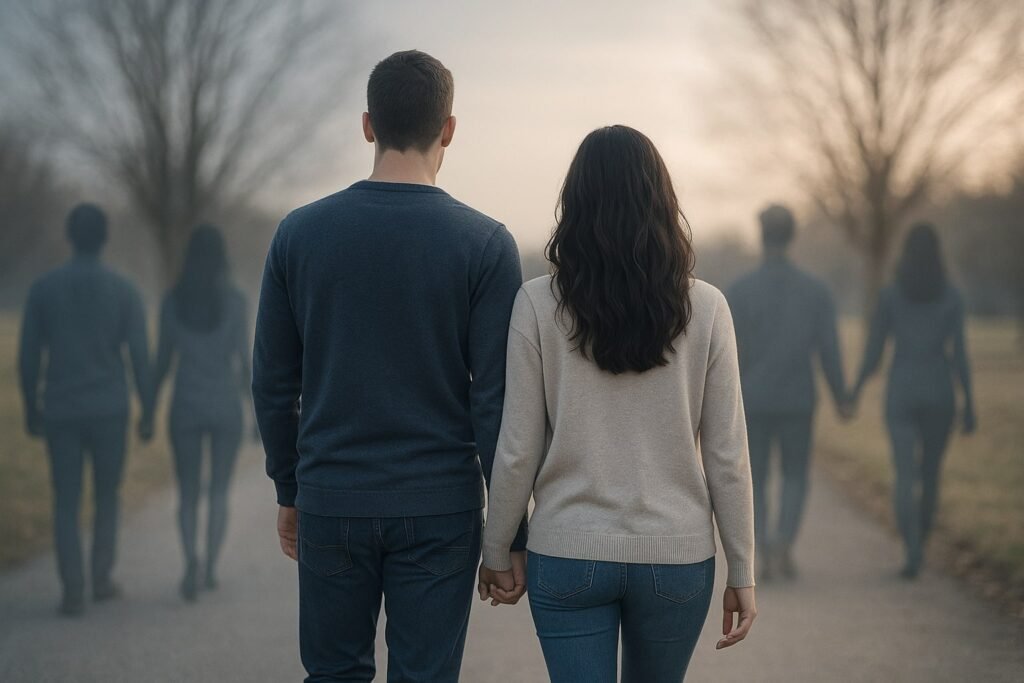 Couple walking together while shadows of the past linger behind them, symbolizing past love intrusion in relationships.