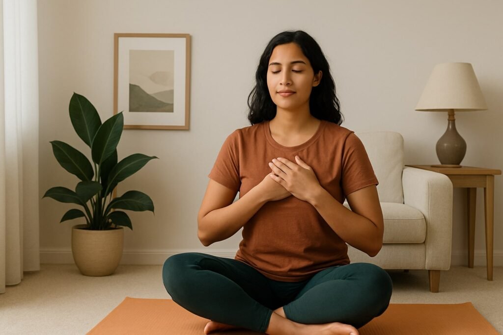 Woman practicing mindfulness and self-compassion at home with hand on her heart.