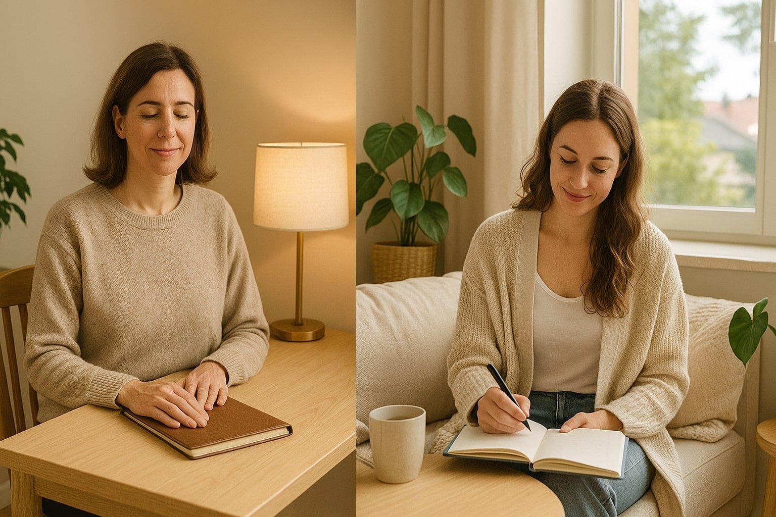 Therapist and client practicing self care in therapy; therapist taking a mindful pause and client journaling with a cup of tea.