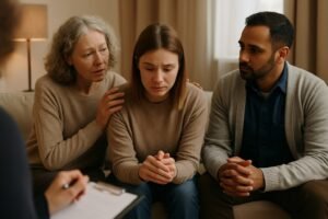 Grief counseling session in Mississauga showing supportive connection between therapist and clients.
