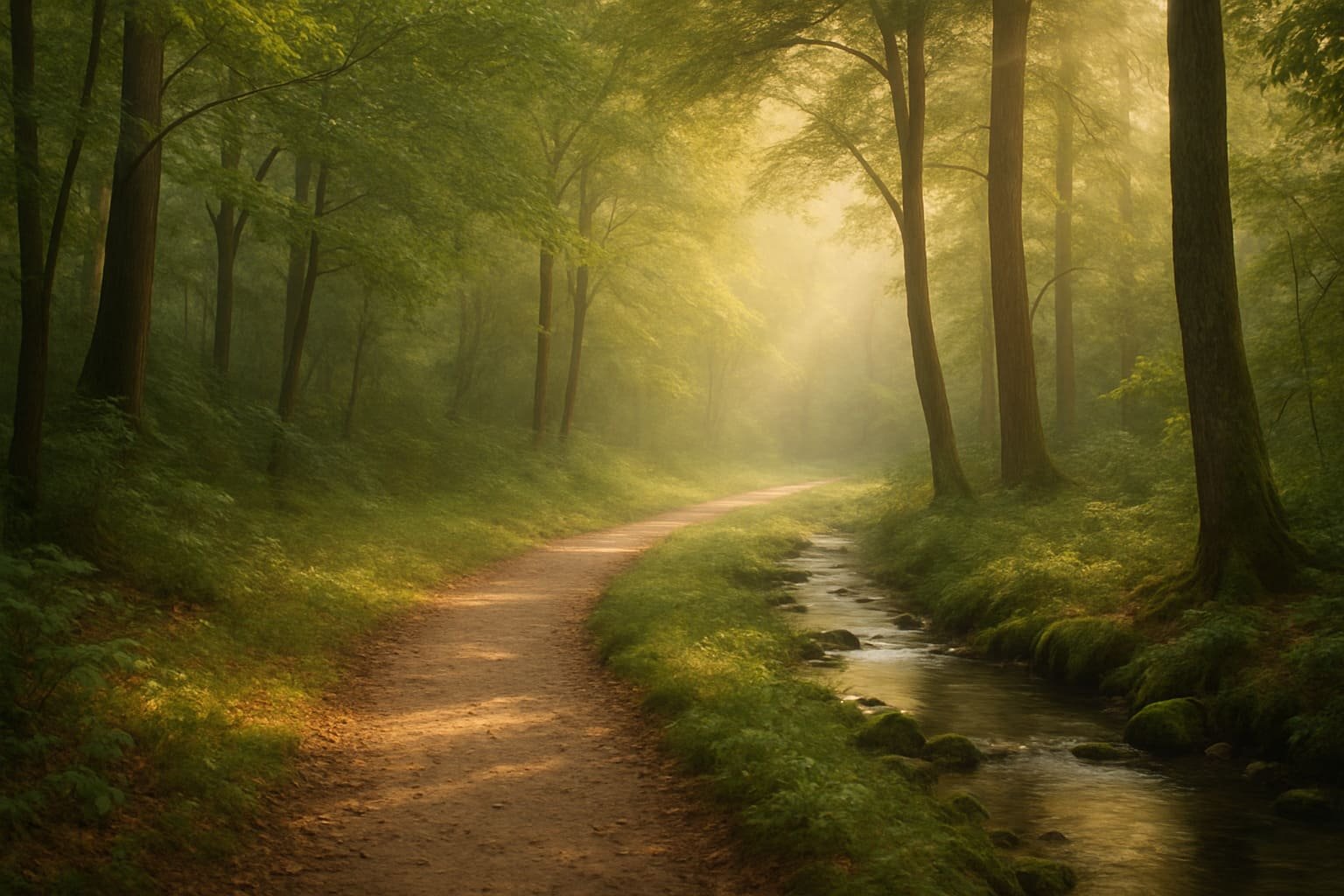 Calm forest path with soft sunlight representing the brain’s ability to form new healing pathways through neuroplasticity.
